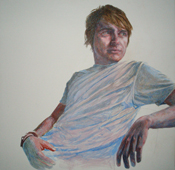 Early stages of painting ('Venetian Blind'). Blocking in of head, arms and T-shirt